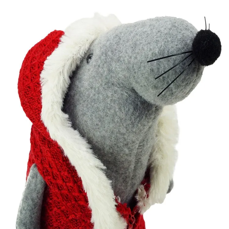 12" Red and Gray Standing Mouse with Hooded Coat Christmas Tabletop Decor