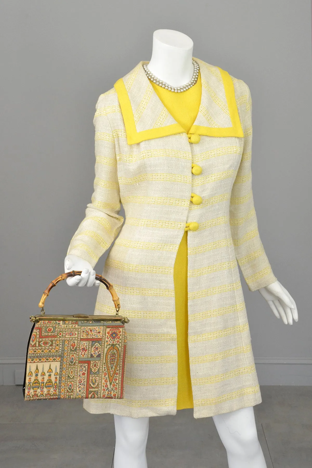 1970s Taupe and Yellow Retro Dress and Coat Set | Mod Coat and Dress