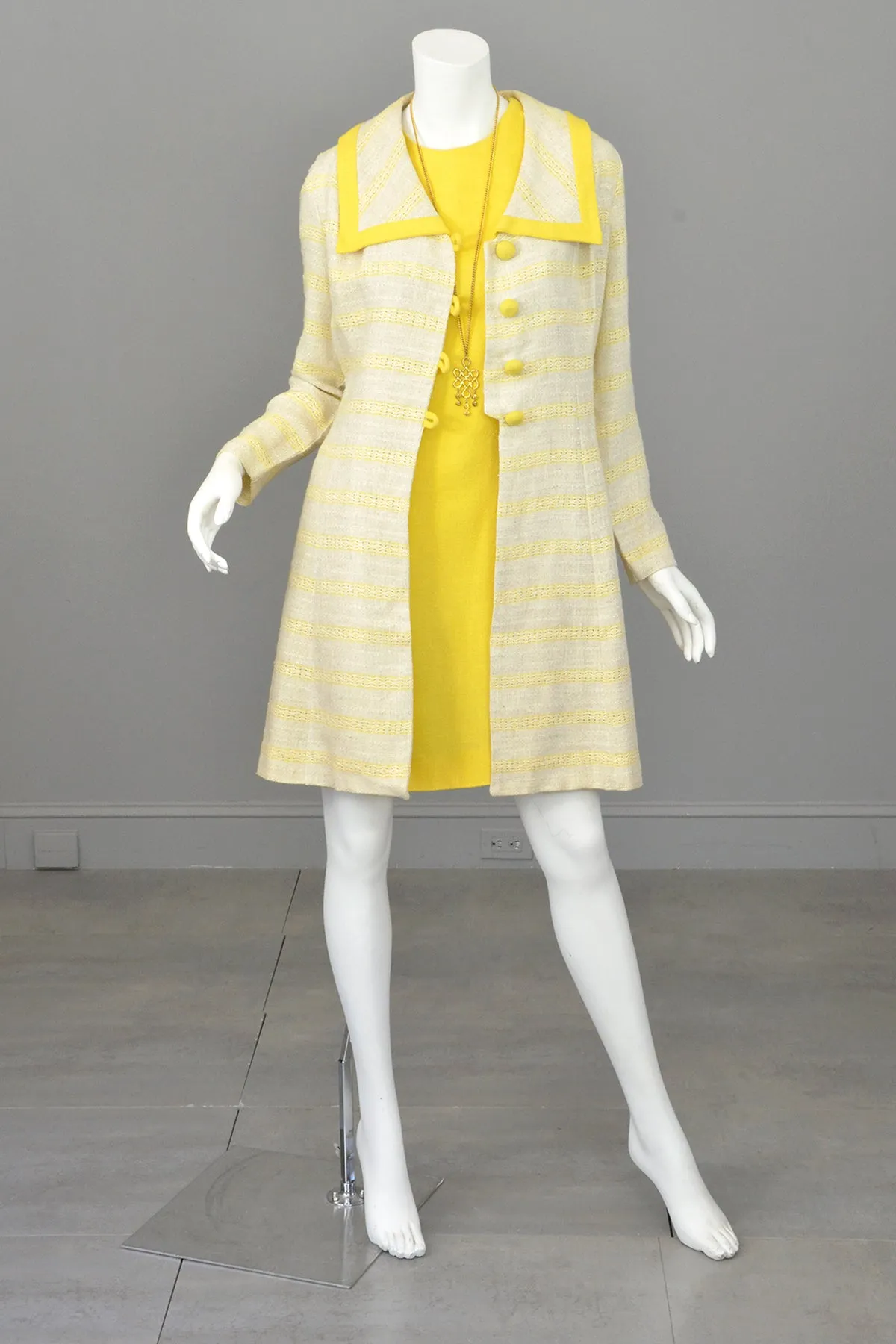 1970s Taupe and Yellow Retro Dress and Coat Set | Mod Coat and Dress