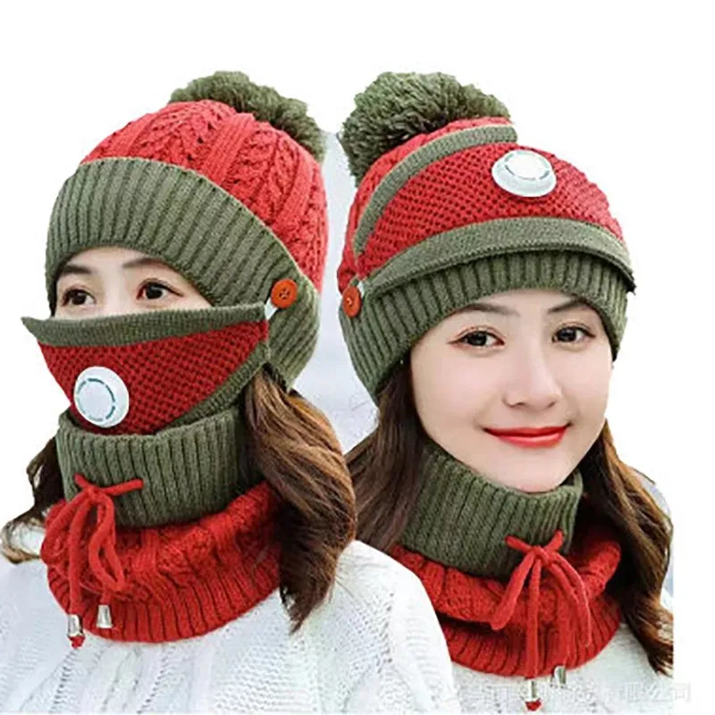 3PCS Womens Winter Warm Scarf Knitted Hat Mask with Filter Set Fashion Thickened Face Cover Outdoor UV Protection