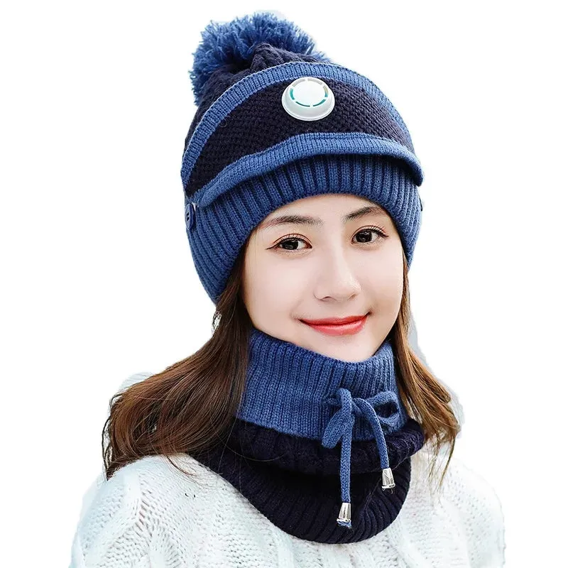 3PCS Womens Winter Warm Scarf Knitted Hat Mask with Filter Set Fashion Thickened Face Cover Outdoor UV Protection