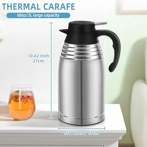 68oz Thermal Coffee Carafe, Stainless Steel Insulated Vacuum Thermos Coffee Carafes For Keeping Hot/Cold, Travel Size Coffee Carafe Airpot, Tea, Water, Beverage Dispenser