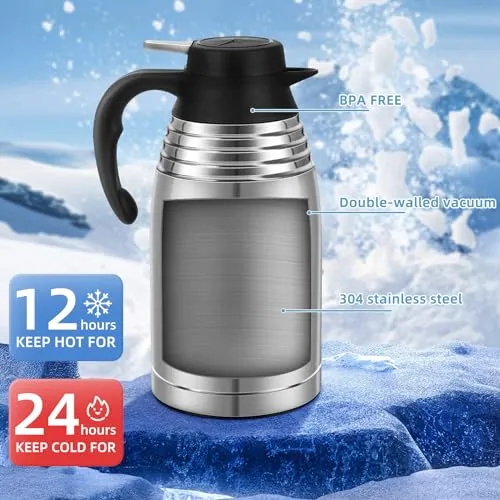 68oz Thermal Coffee Carafe, Stainless Steel Insulated Vacuum Thermos Coffee Carafes For Keeping Hot/Cold, Travel Size Coffee Carafe Airpot, Tea, Water, Beverage Dispenser