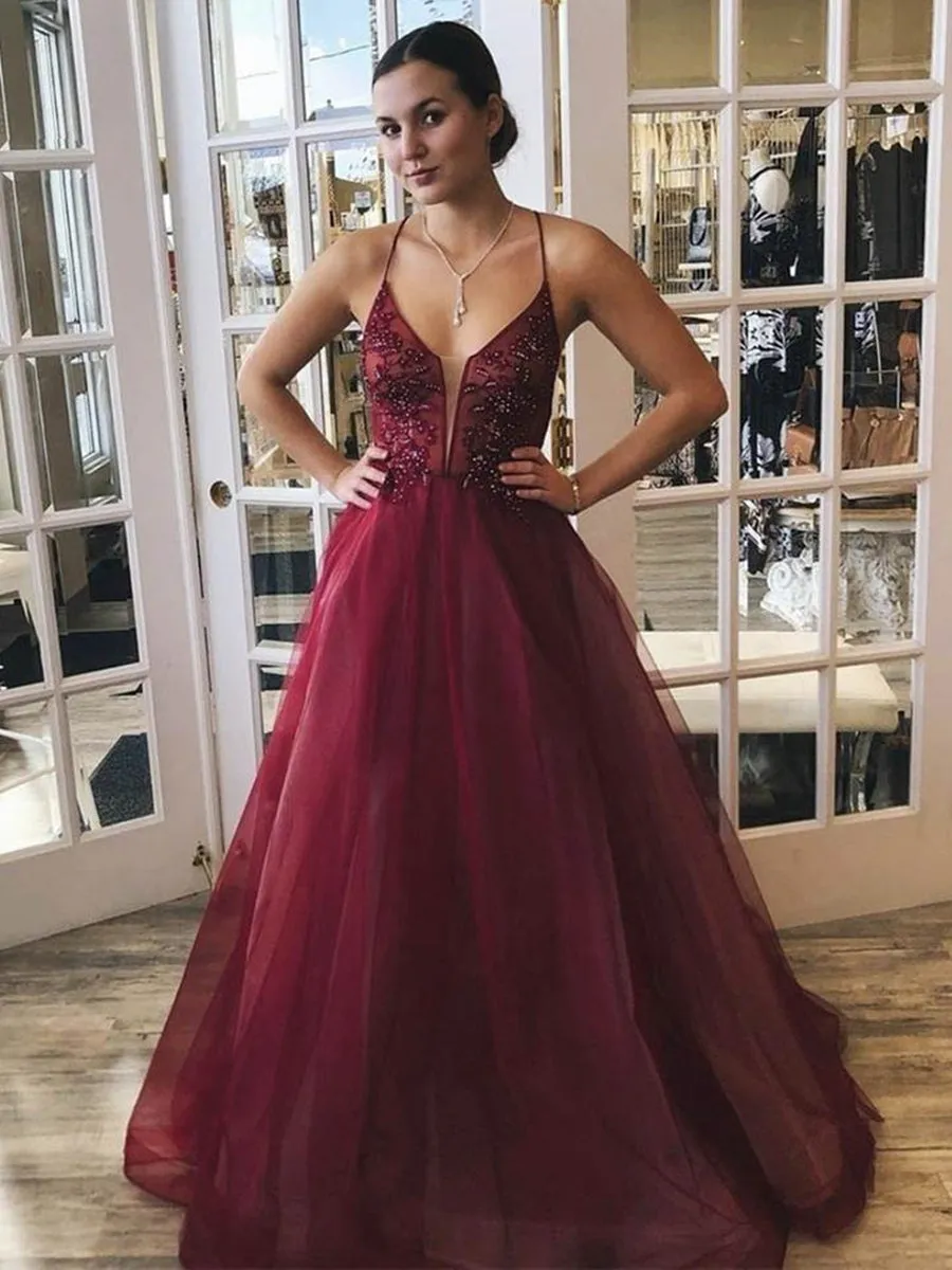 A Line Spaghetti Straps V Neck Beaded Burgundy Long Prom Dresses, V Neck Burgundy Formal Graduation Evening Dresses