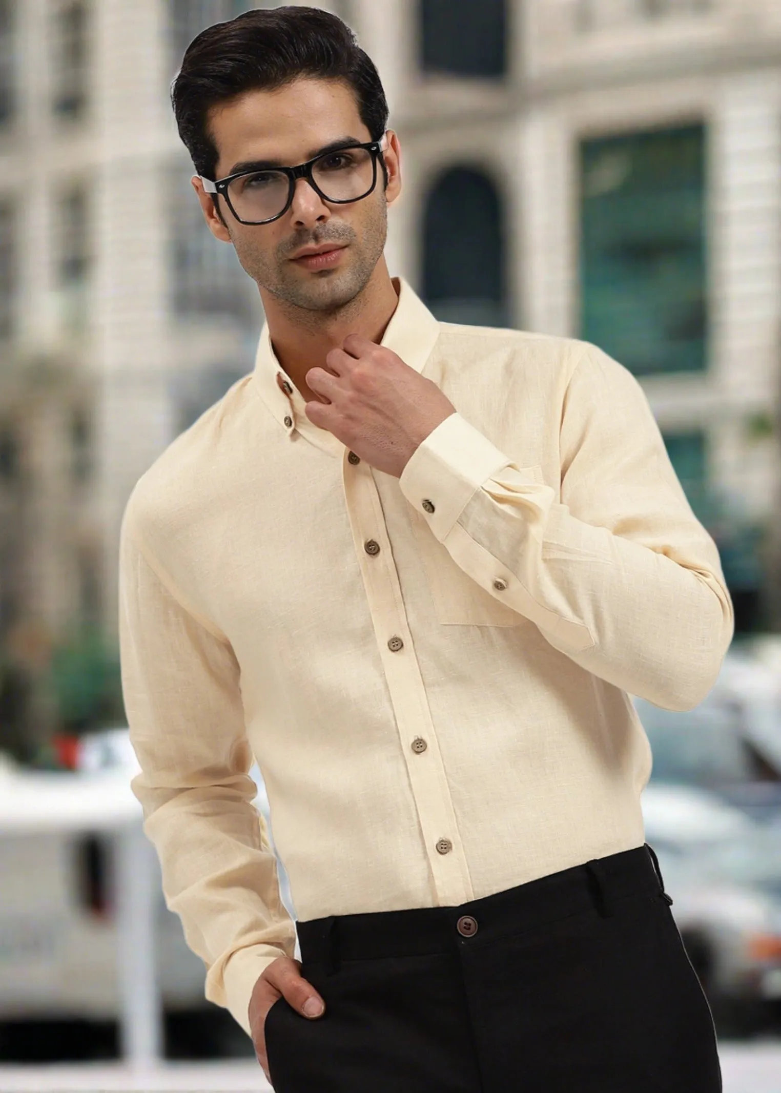 Austin - Pure Linen Button Down Full Sleeve Shirt - Light Tea Yellow