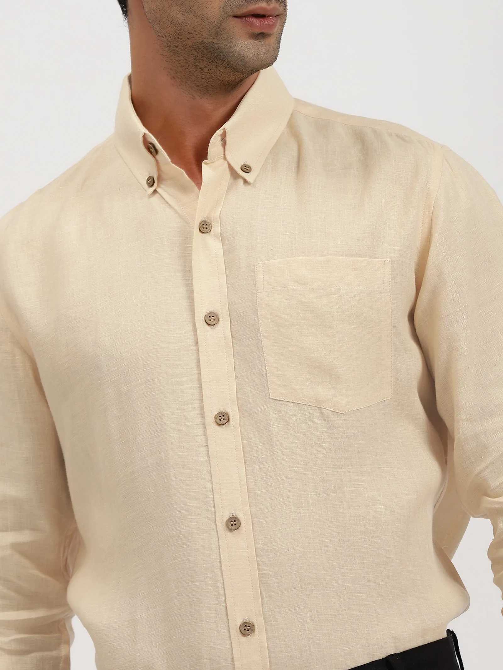 Austin - Pure Linen Button Down Full Sleeve Shirt - Light Tea Yellow