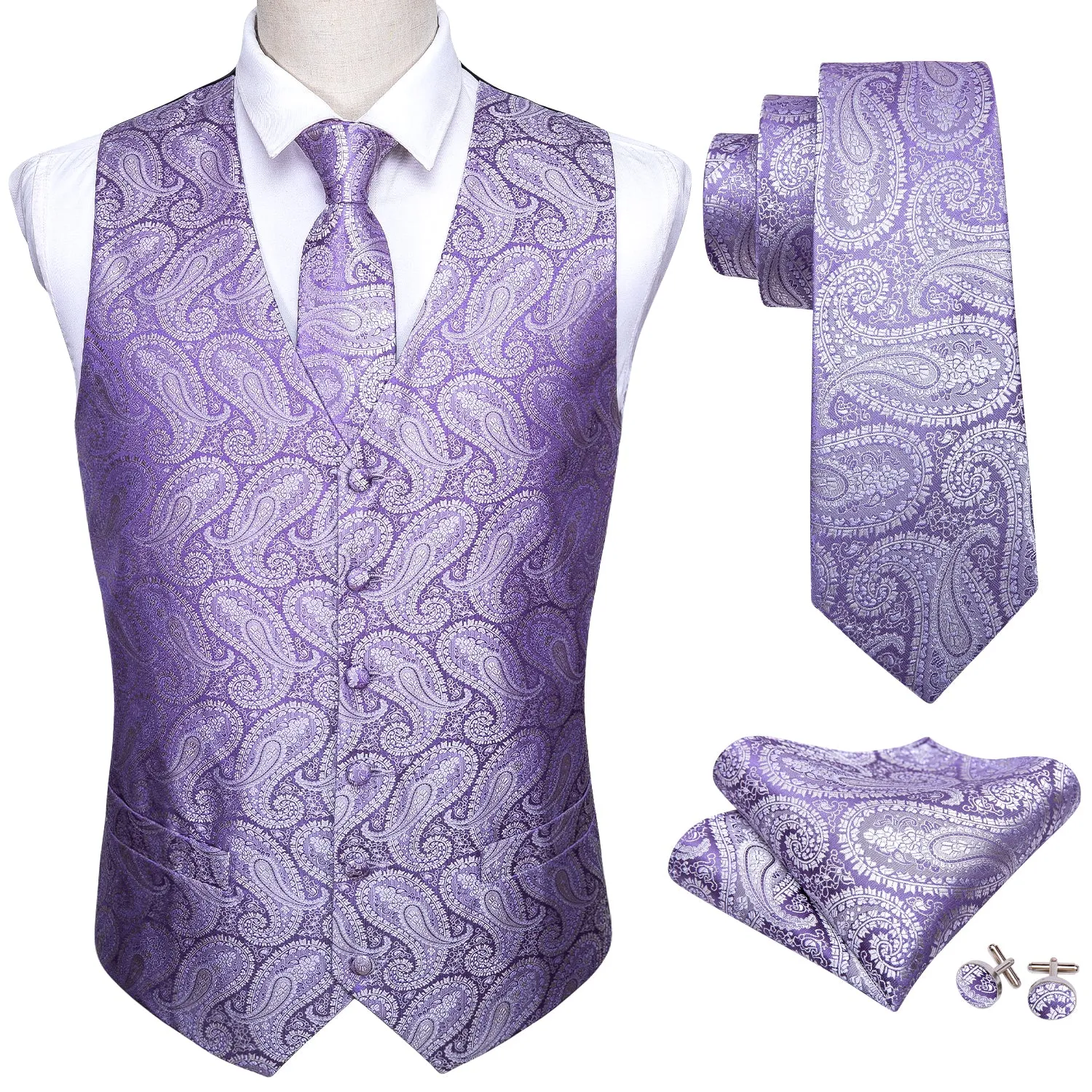 Baby Purple Paisley Silk Men's Vest Tie Hanky Cufflinks Set Waistcoat Suit Set