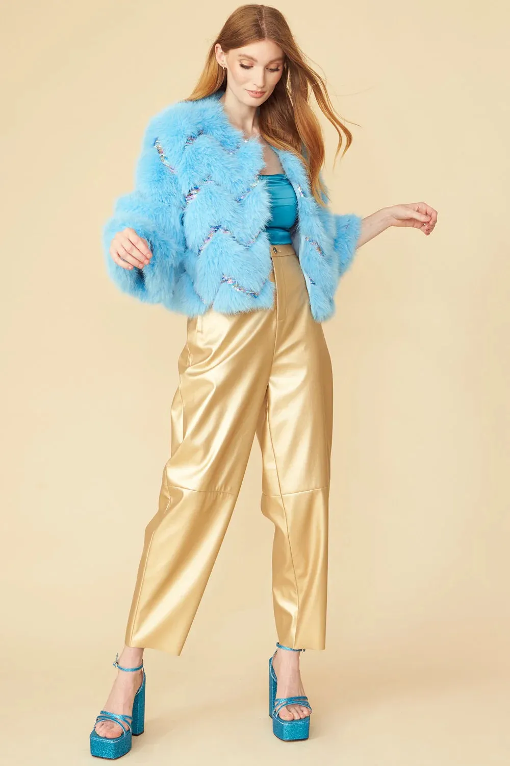 Bamboo Sequin Eco Faux Fur Coat in Blue