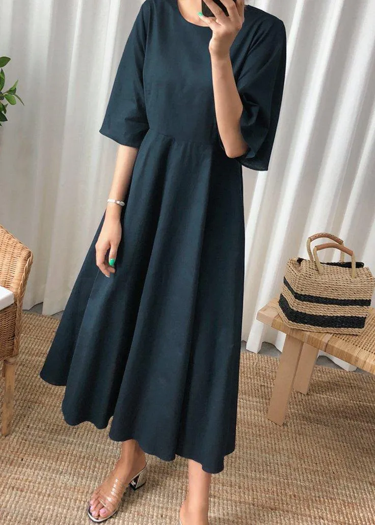 Beautiful navy linen cotton quilting clothes flare sleeve Bow Art summer Dress