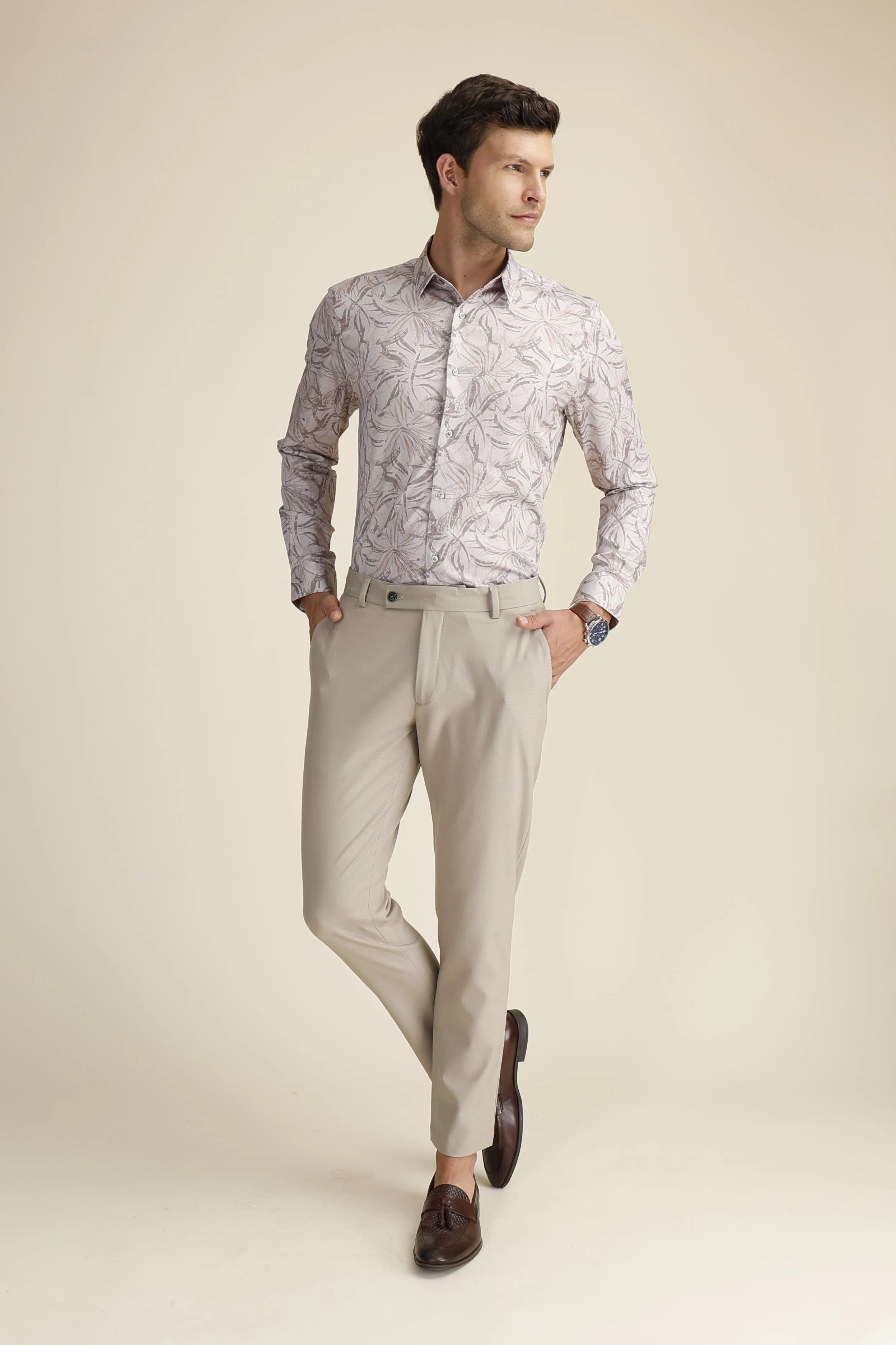 Beige Check Formal Trousers