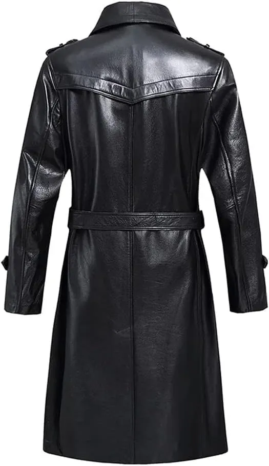 Belted Leather Trench Coat with Gun Flap