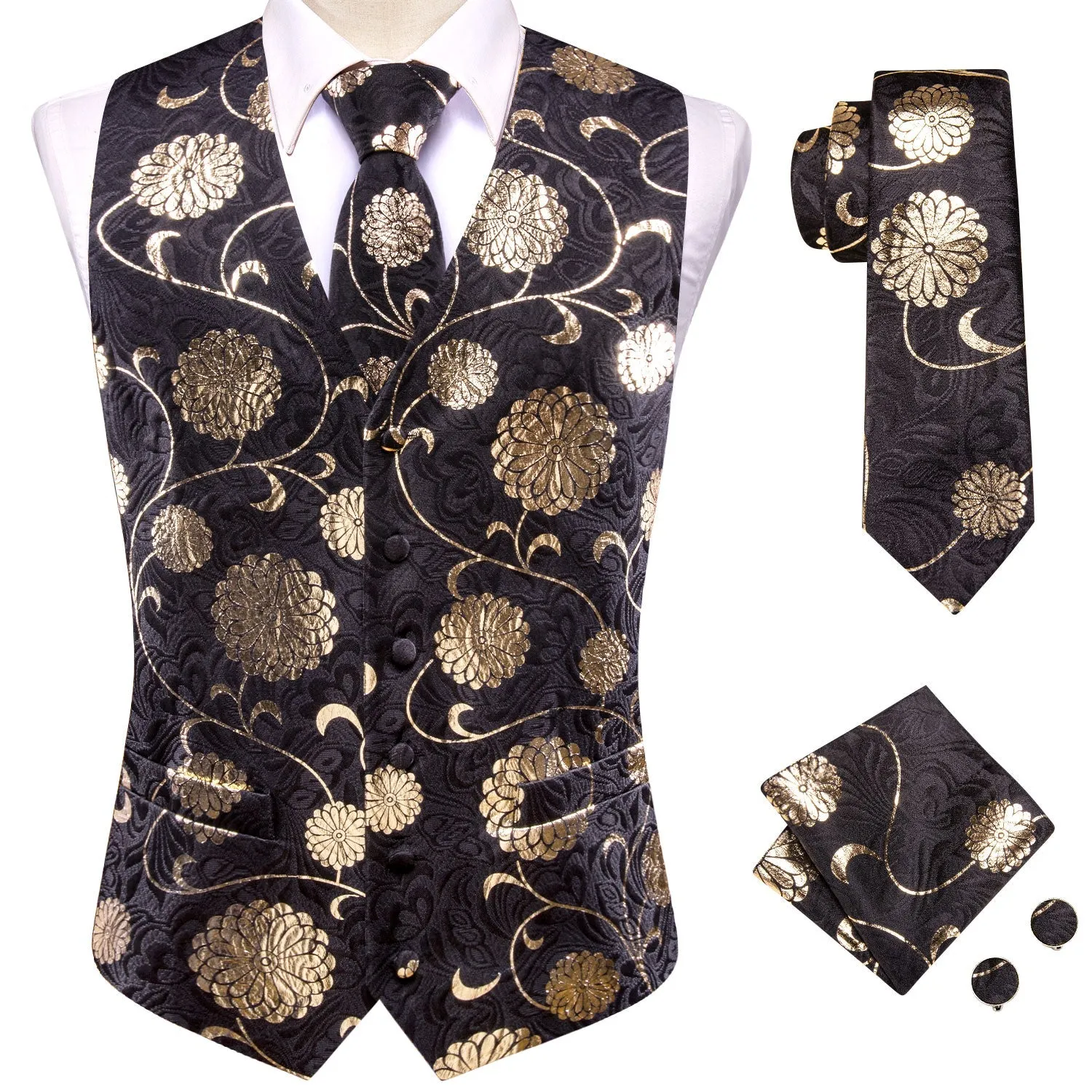 Black Golden Flower Floral Jacquard Silk Men's Vest Hanky Cufflinks Tie Set