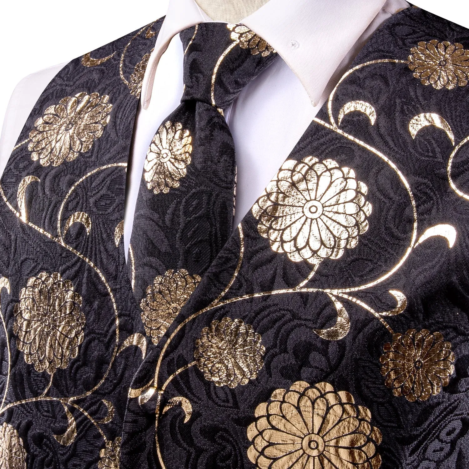 Black Golden Flower Floral Jacquard Silk Men's Vest Hanky Cufflinks Tie Set