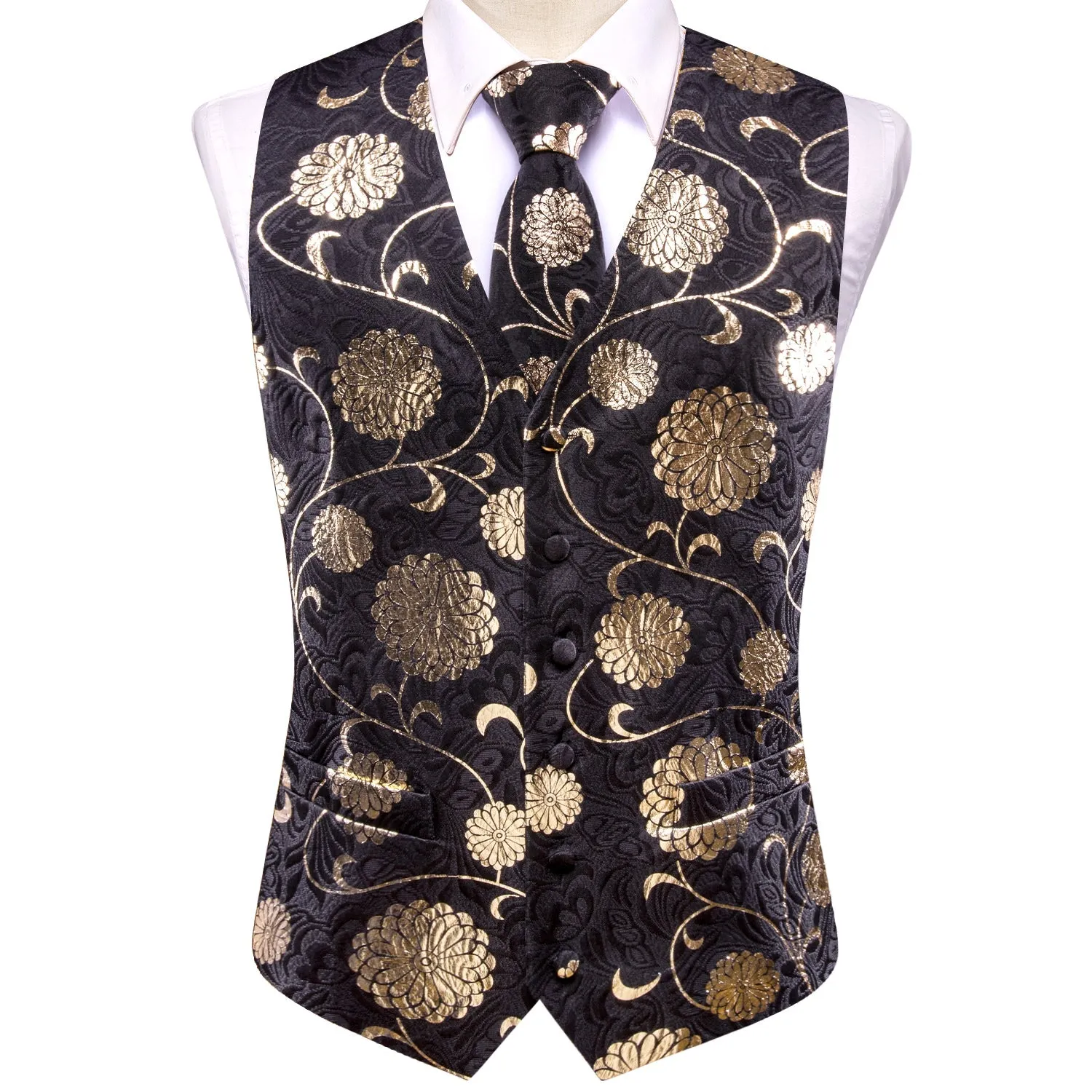 Black Golden Flower Floral Jacquard Silk Men's Vest Hanky Cufflinks Tie Set