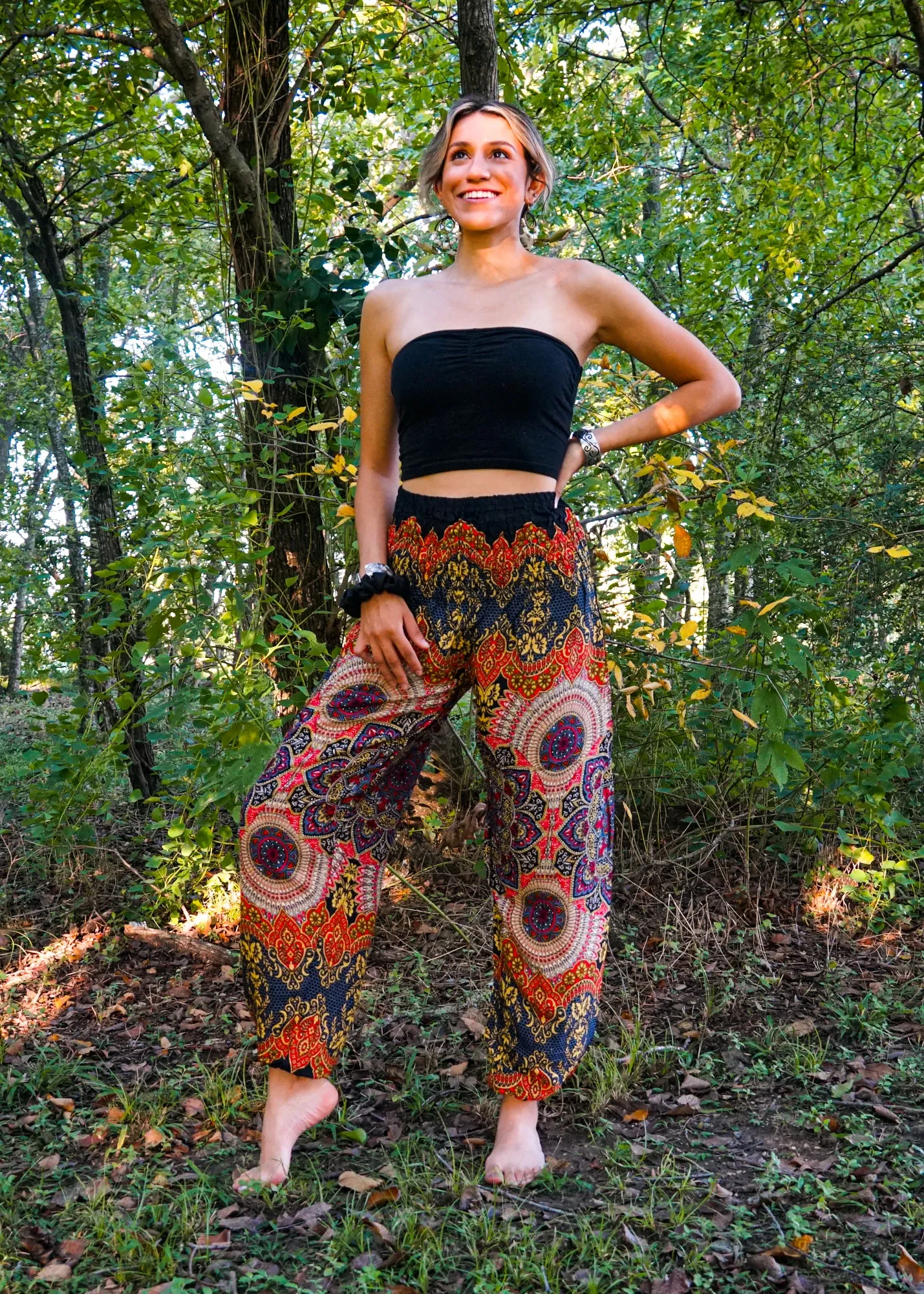 Black Orange Lotus Floral Harem Pants