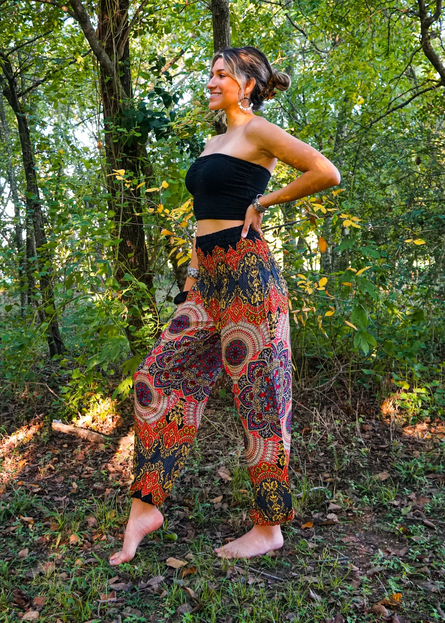 Black Orange Lotus Floral Harem Pants