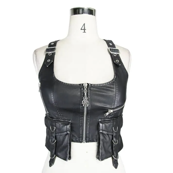 Black Vegan Leather Short Vest w/ Pockets