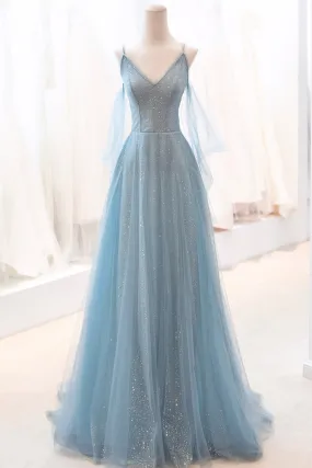 Blue V-Neck Tulle Long Prom Dress, A-Line Spaghetti Strap Evening Dress