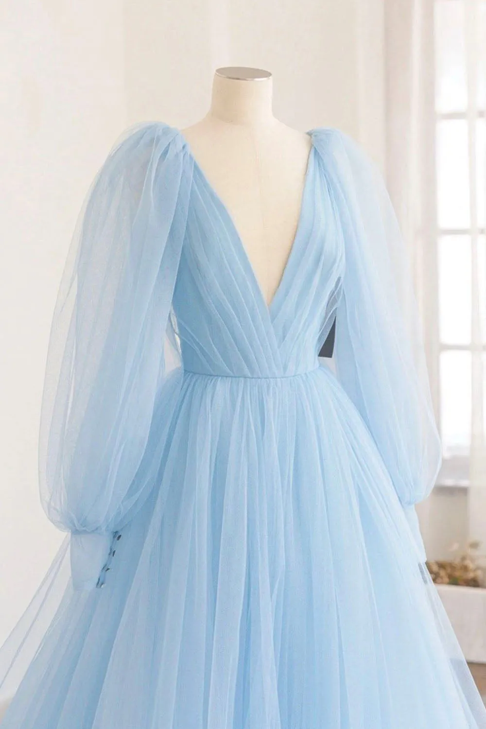 Blue V-Neck Tulle Long Prom Dress, Long Sleeve A-Line Evening Party Dress