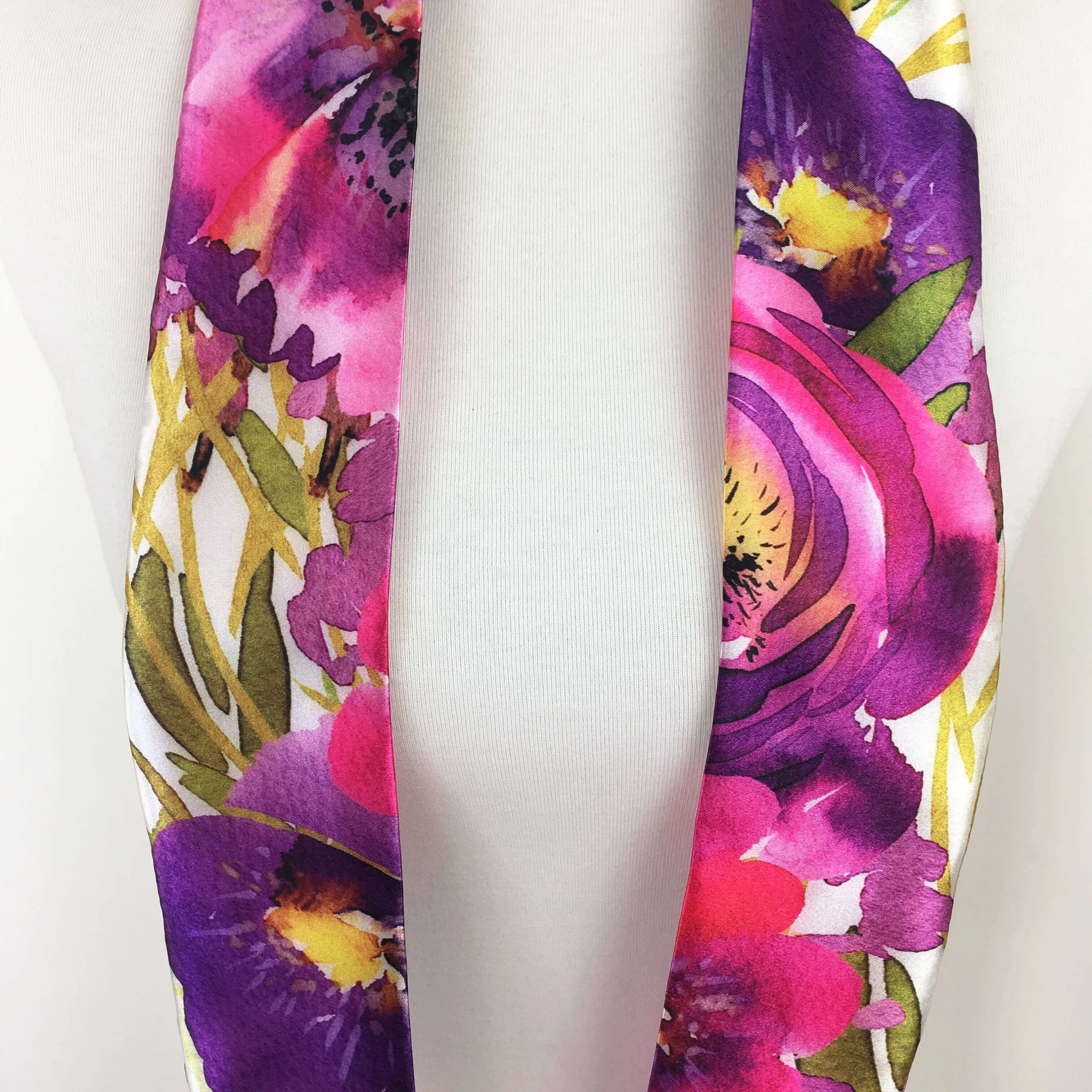 Brilliant Floral,Skinny Scarf,Woman Scarf,All season scarf,LightweightScarf,ladies scarf,artist scarf,painted scarf,satin scarf