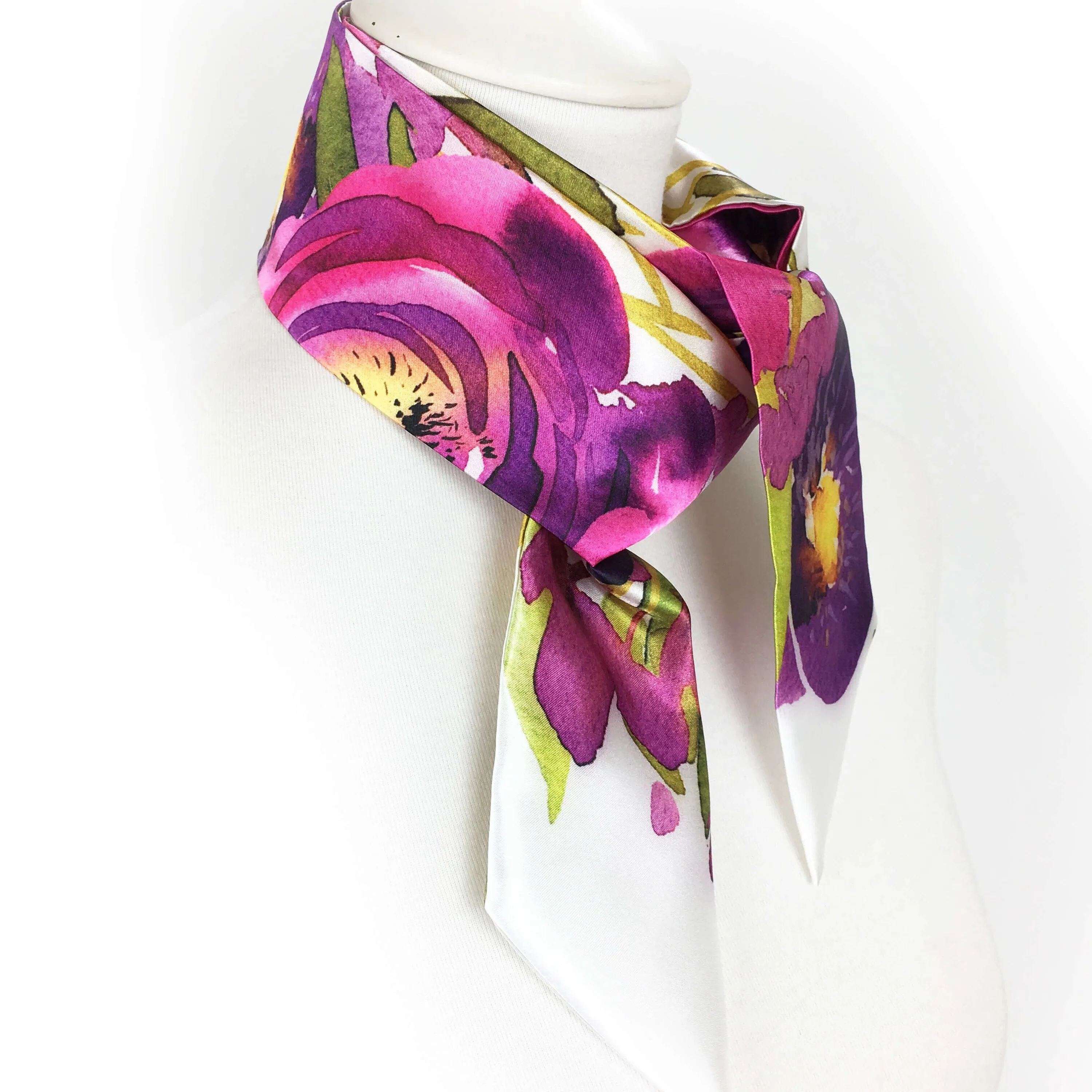 Brilliant Floral,Skinny Scarf,Woman Scarf,All season scarf,LightweightScarf,ladies scarf,artist scarf,painted scarf,satin scarf