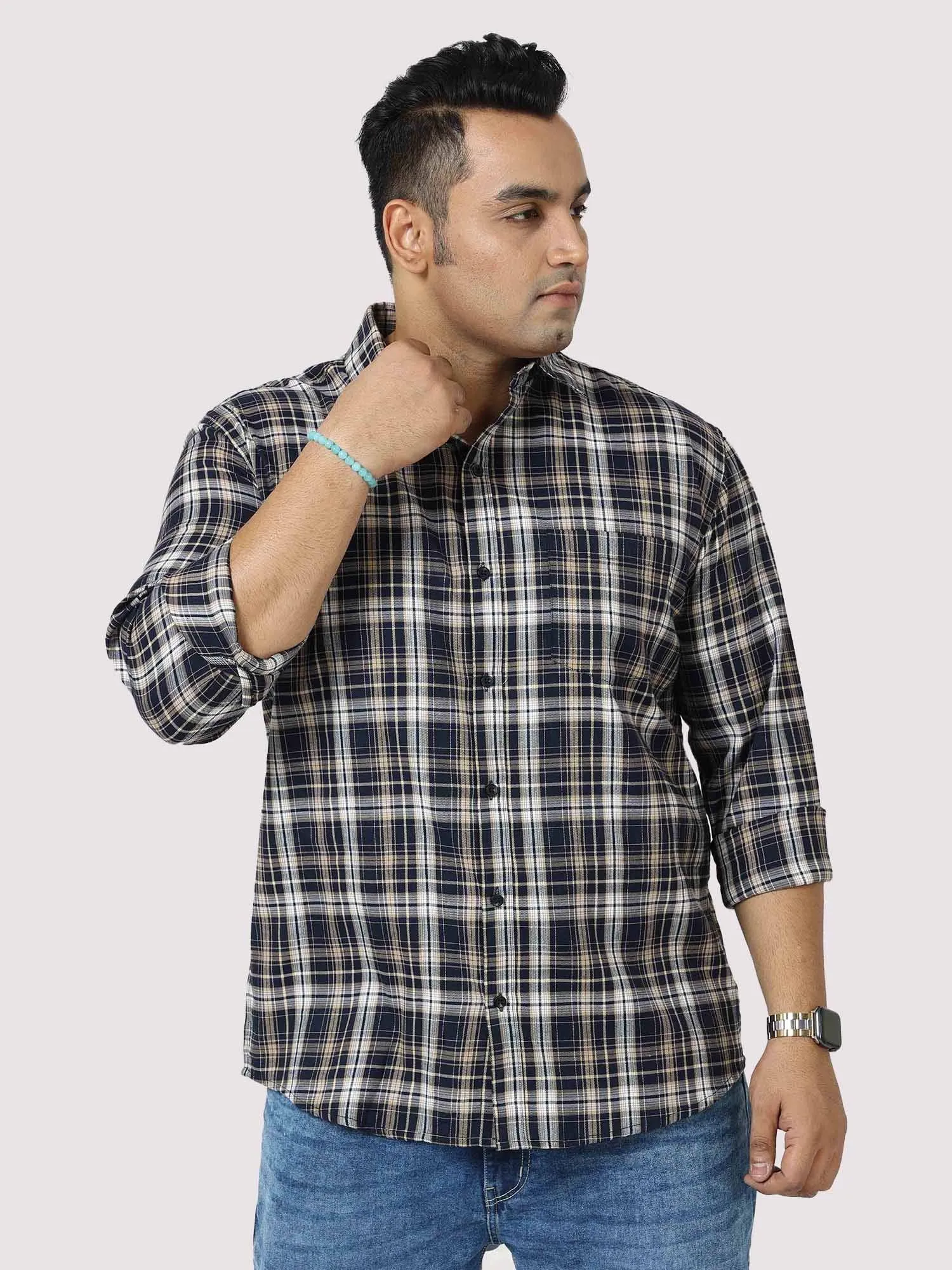 Brown on White Checkered Cotton Full Shirt Men's Plus Size