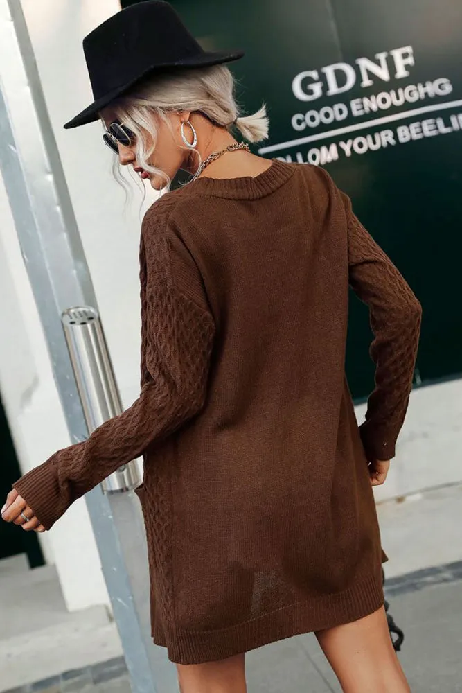 Brown Open Front Long Length Autumn Outfits Sweater Cardigans