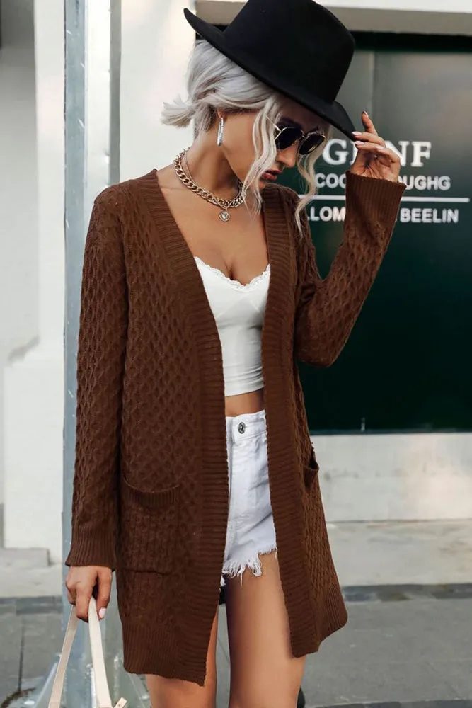 Brown Open Front Long Length Autumn Outfits Sweater Cardigans