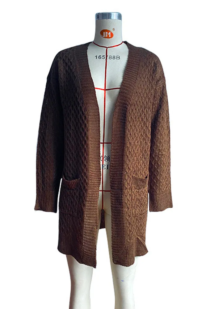 Brown Open Front Long Length Autumn Outfits Sweater Cardigans