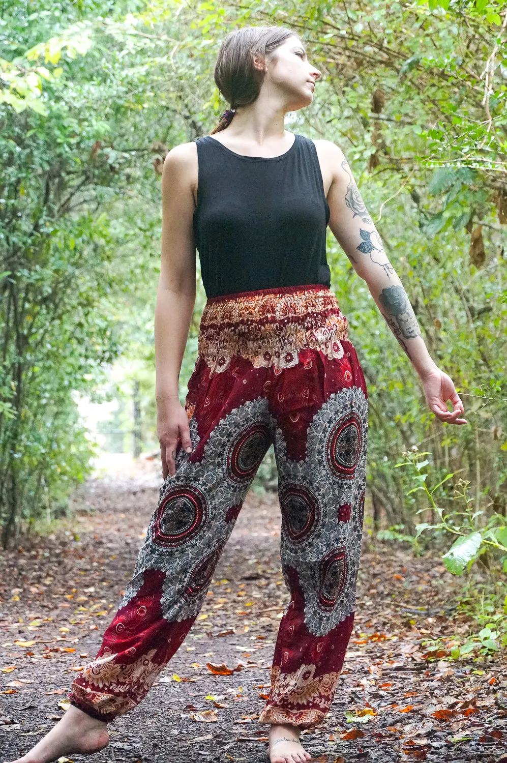 Burgundy Peacock Mandala Peacock Harem Pants