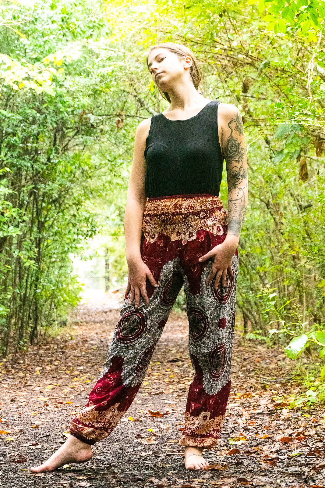 Burgundy Peacock Mandala Peacock Harem Pants