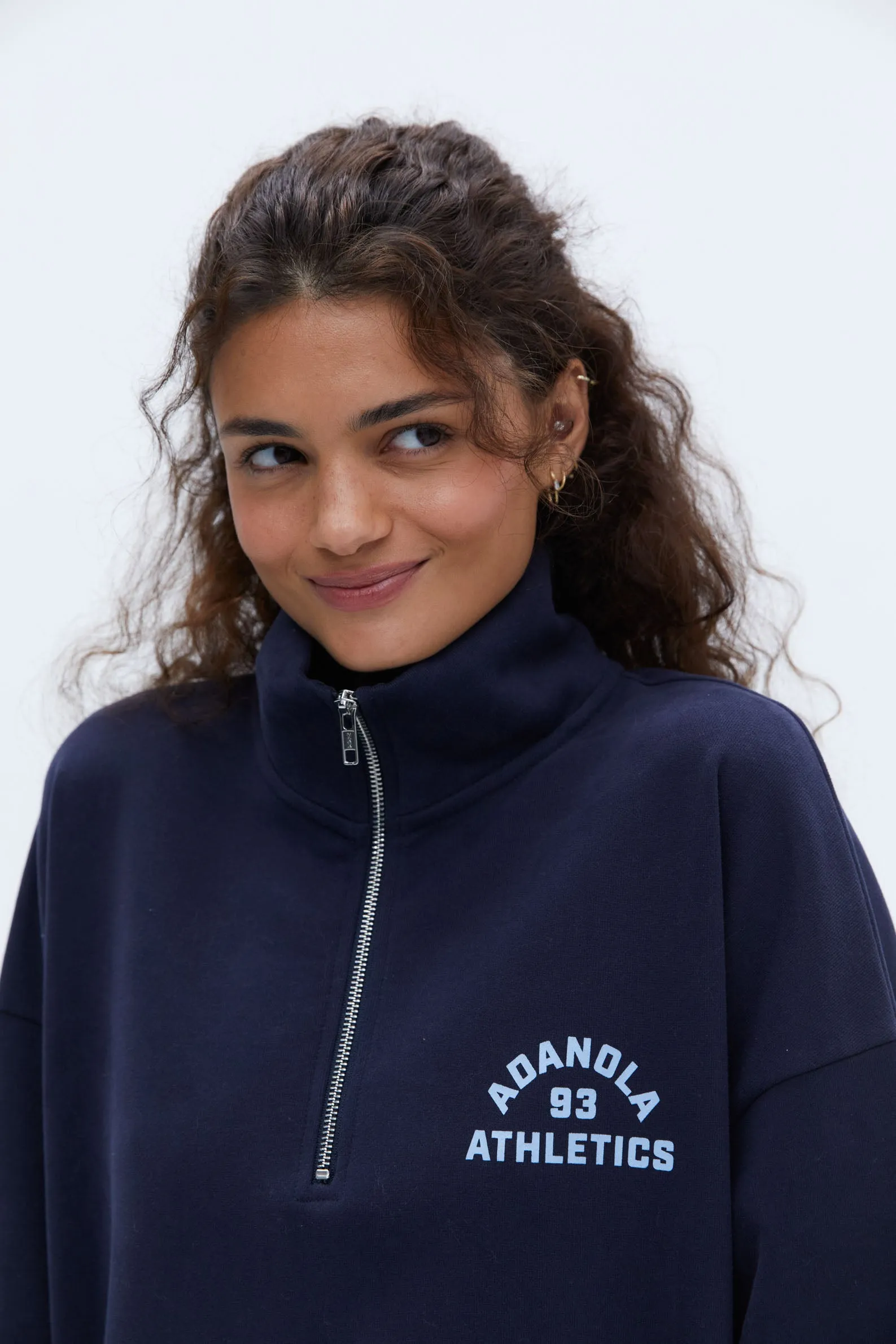 Campus Oversized Funnel Neck Zip Sweatshirt - Navy Blue/Powder Blue