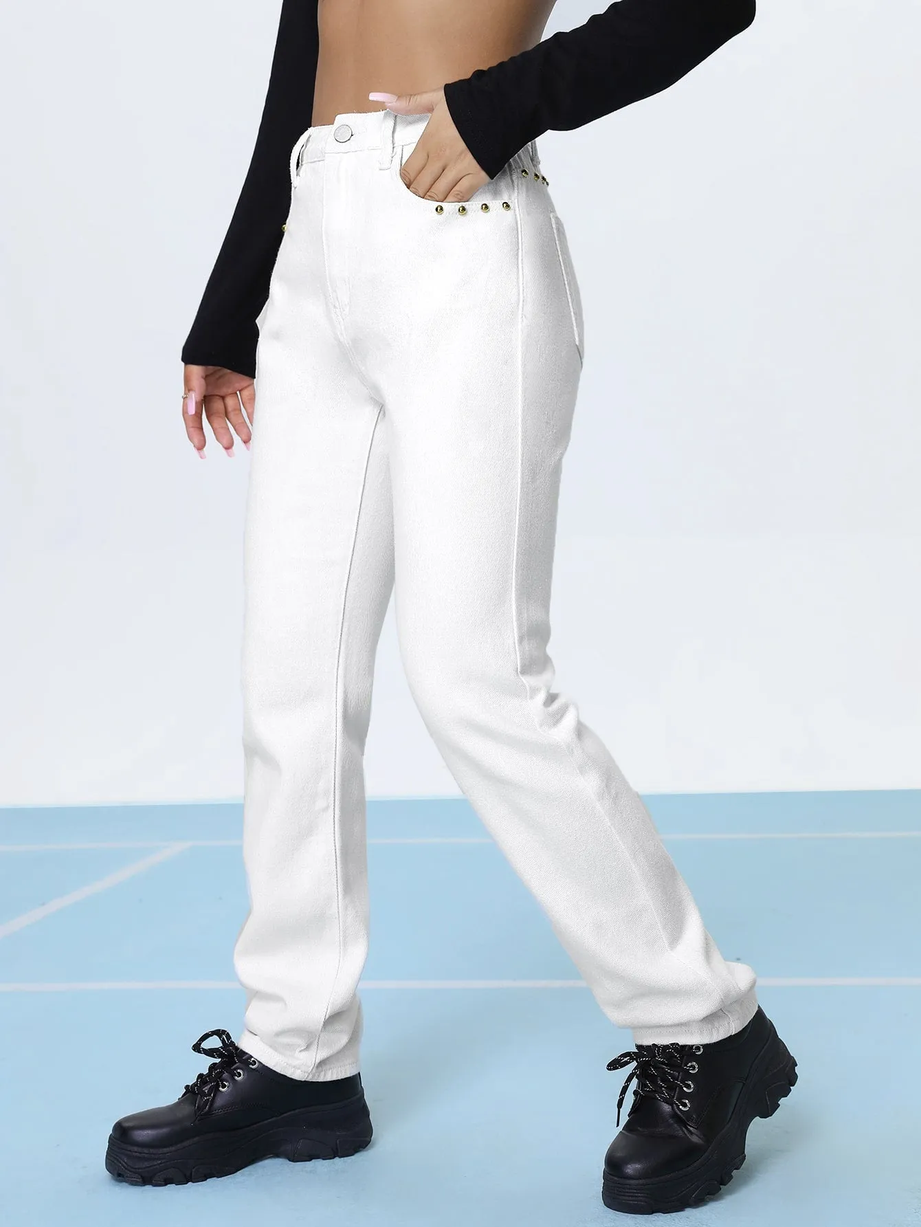 Casual Plain Studded High Waist Long Women Pants