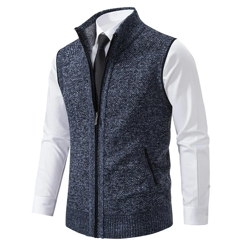 Casual Solid Color Stand Collar Sleeveless Knitted Vest