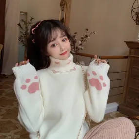 Cat Neko Pink White Brown Paws Pullover Knitted Sweater