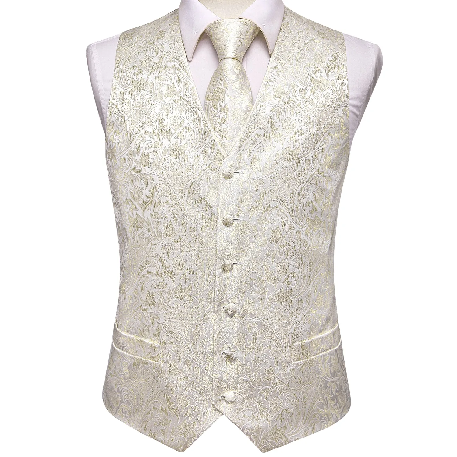 Champagne White Floral Jacquard Silk Men's Vest Hanky Cufflinks Tie Set