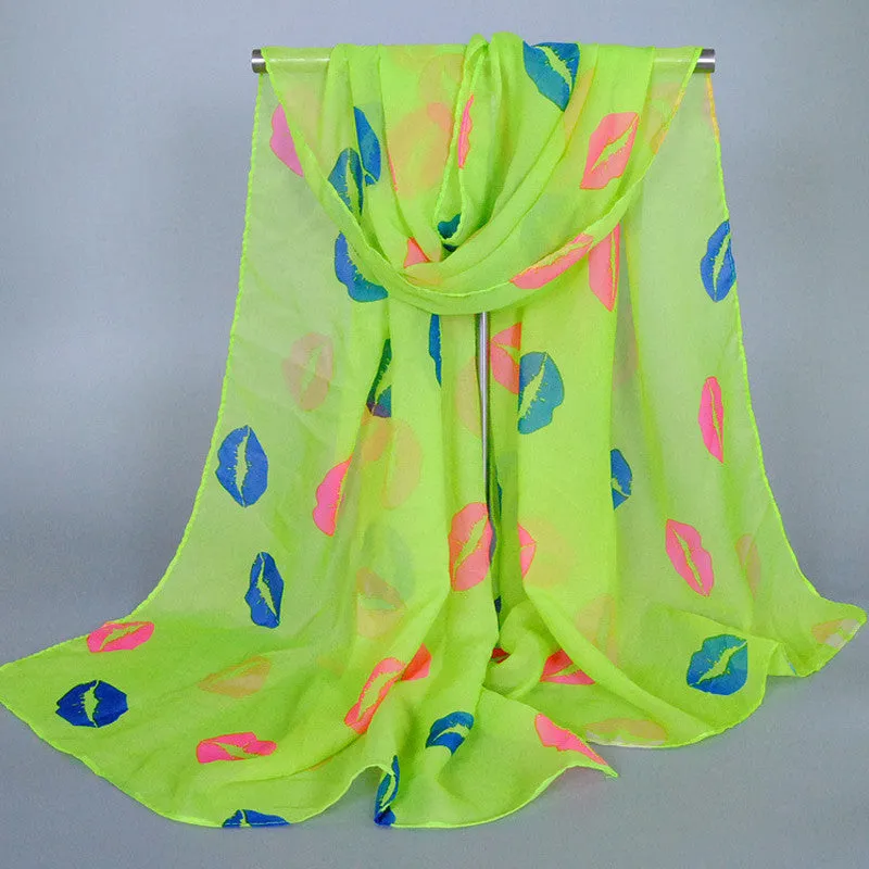 Charming Hot Silk chiffon Blending love on the lips Pattern, Bow hot Scarf Thin Long Wrap Scarves for Girls and Ladies