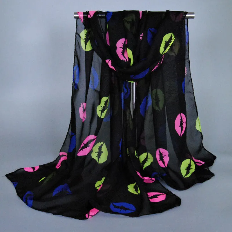 Charming Hot Silk chiffon Blending love on the lips Pattern, Bow hot Scarf Thin Long Wrap Scarves for Girls and Ladies