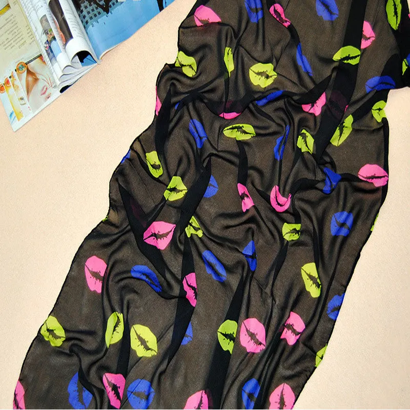 Charming Hot Silk chiffon Blending love on the lips Pattern, Bow hot Scarf Thin Long Wrap Scarves for Girls and Ladies