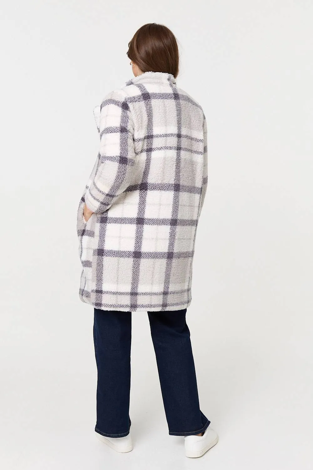 Checked Teddy Fur Thigh Length Jacket