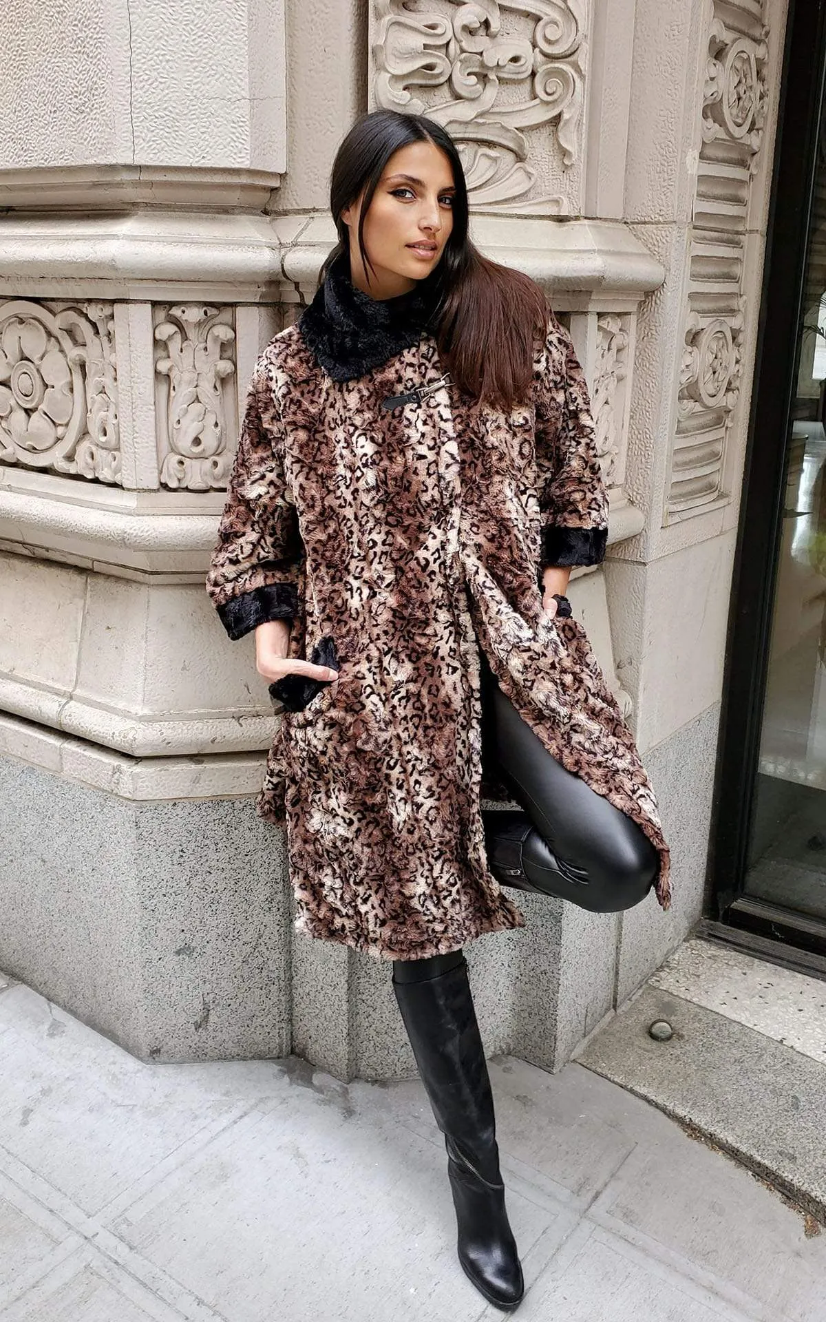 Crawford Coat - Luxury Faux Fur in Carpathian Lynx with Cuddly Fur in Black (One Medium Left!)