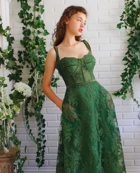 Dark Green Lace Prom Gown,A line Long Green Lace Fairy Prom Dress,Sweetheart Tied Straps Ball Gown Prom Dress, Lace Homecoming/Party Dress    fg2247