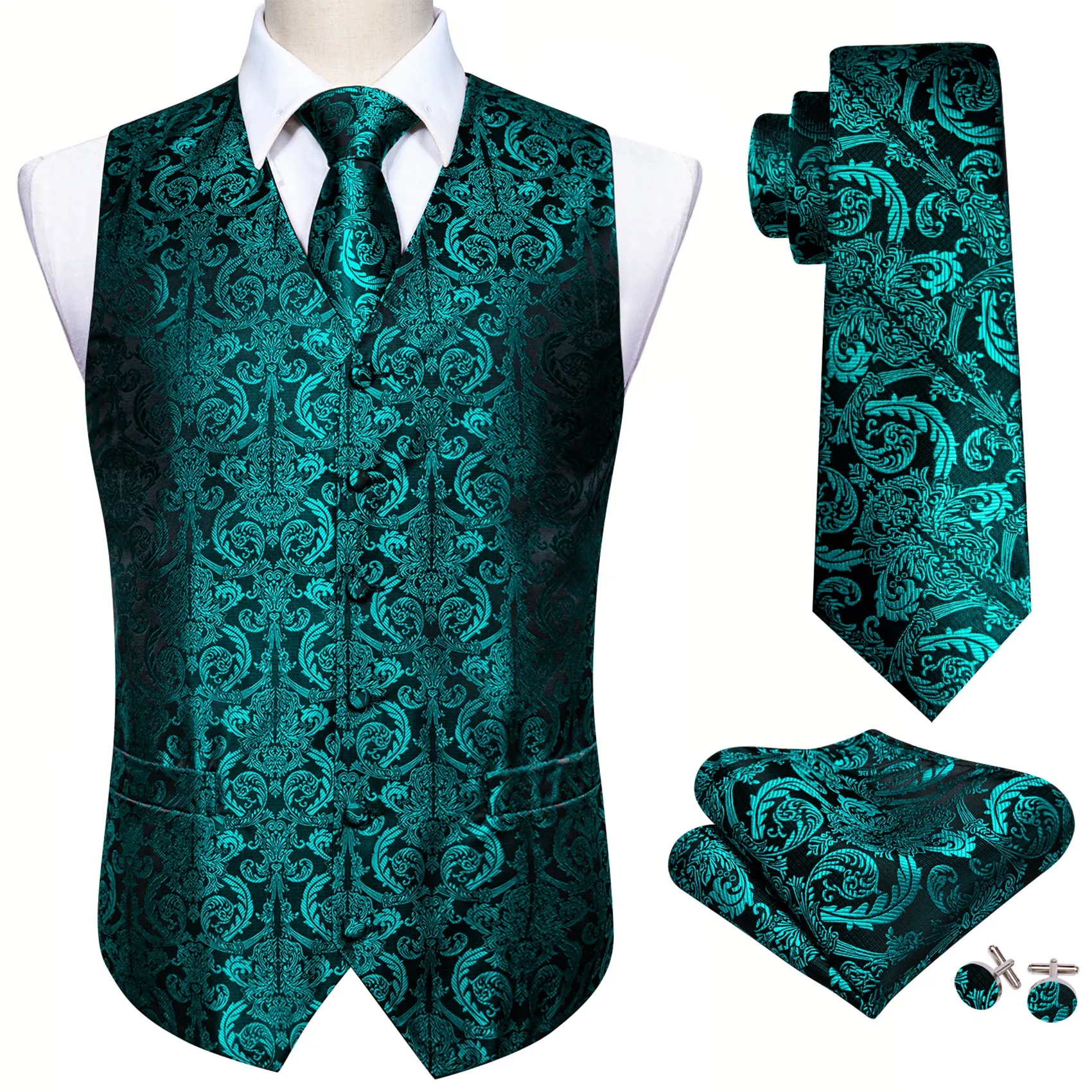 Dark Lake Blue Paisley Jacquard Silk Men's Vest Hanky Cufflinks Tie Set