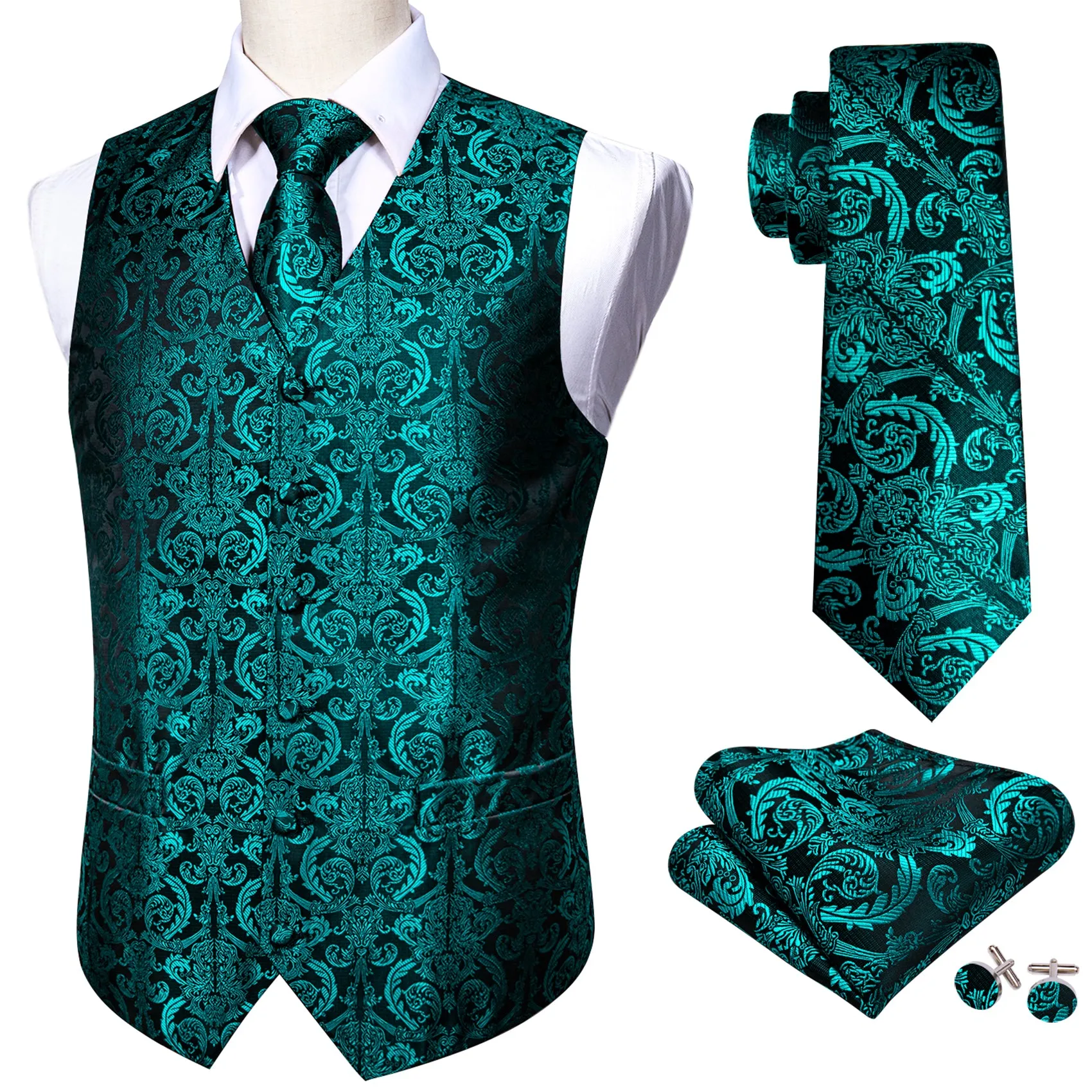 Dark Lake Blue Paisley Jacquard Silk Men's Vest Hanky Cufflinks Tie Set