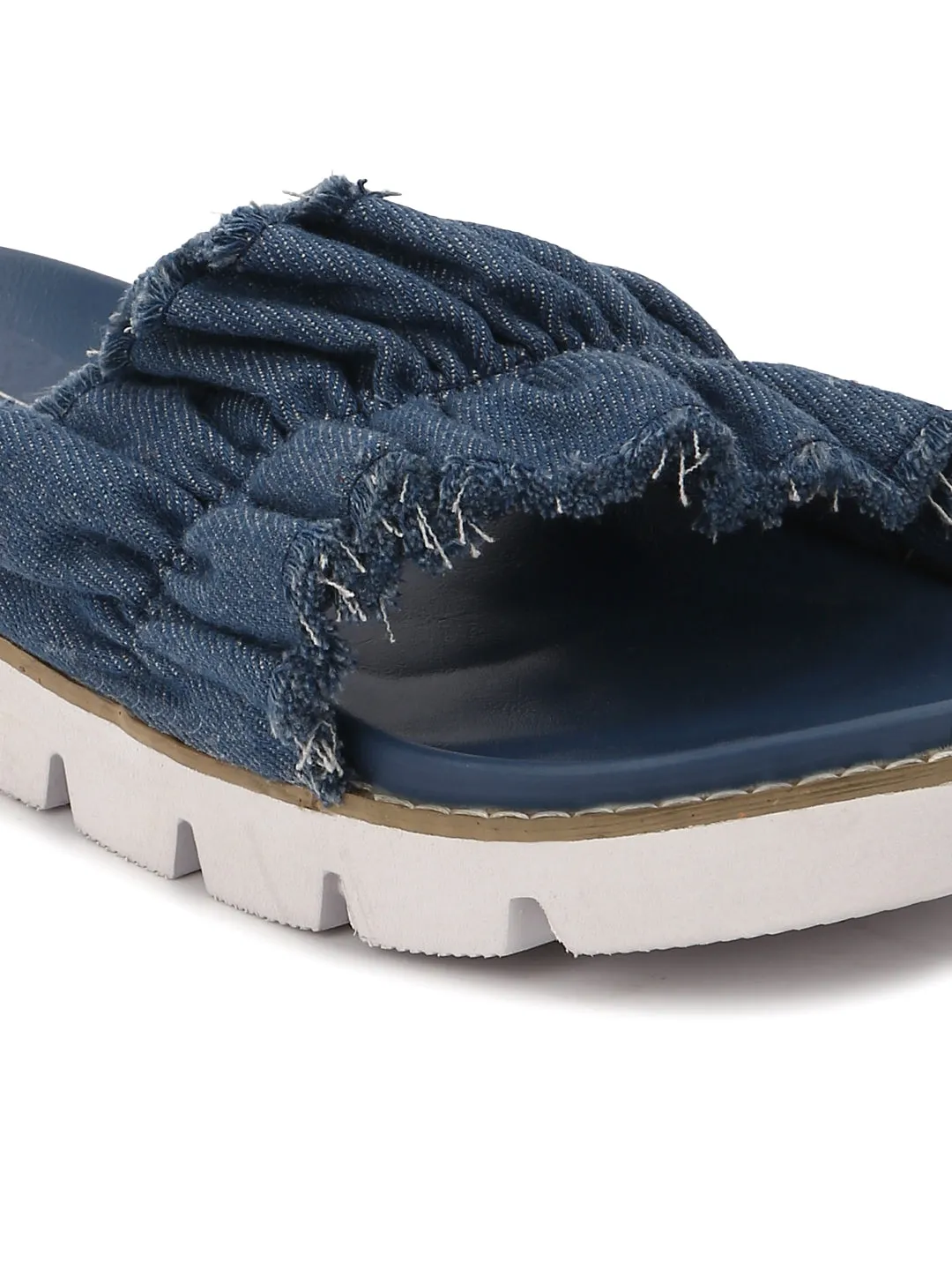 Denim Ruffled Slip-On Flats