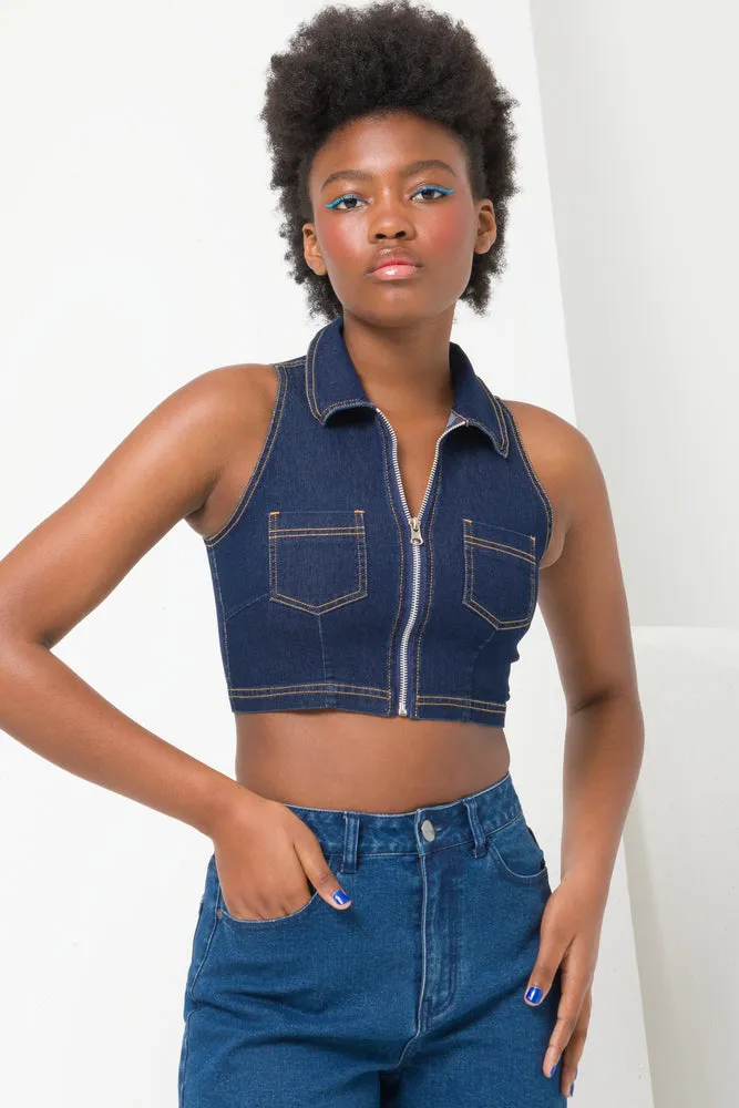 Denim- Zip Through Vest Indigo