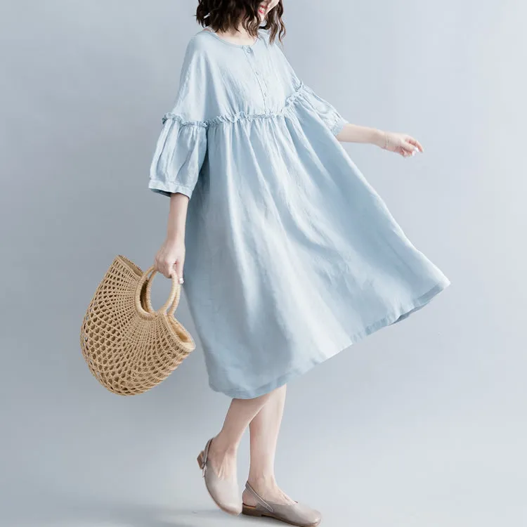 Elegant light blue pure cotton linen dress plus size linen cotton dress fine lantern sleeve Cinched o neck baggy dresses cotton linen dresses