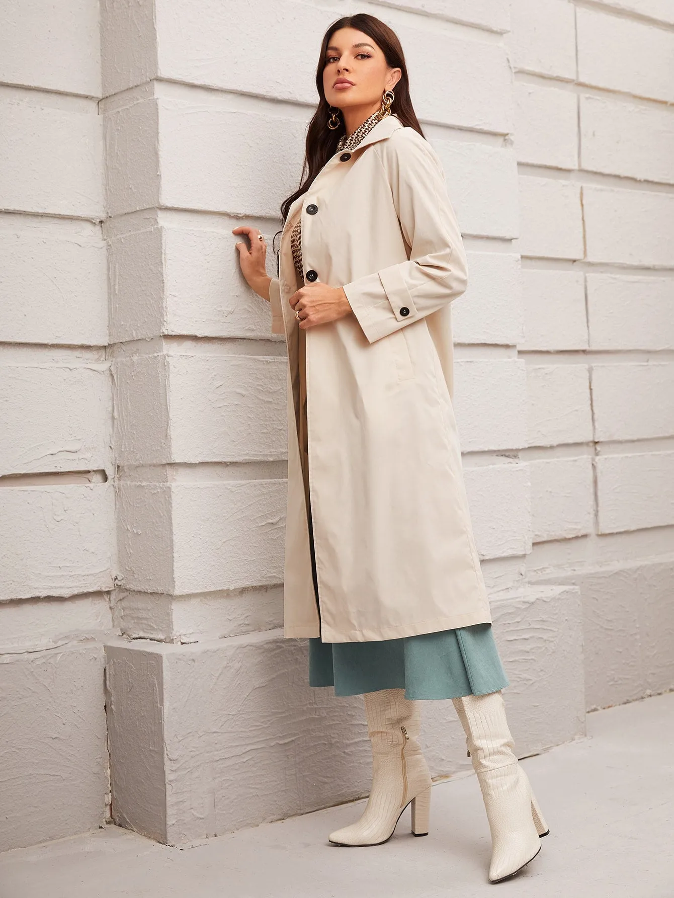 Elegant Plain Belted Long Sleeve Lapel Short Women Trench Coat