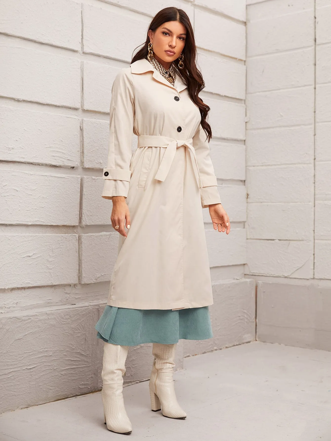 Elegant Plain Belted Long Sleeve Lapel Short Women Trench Coat