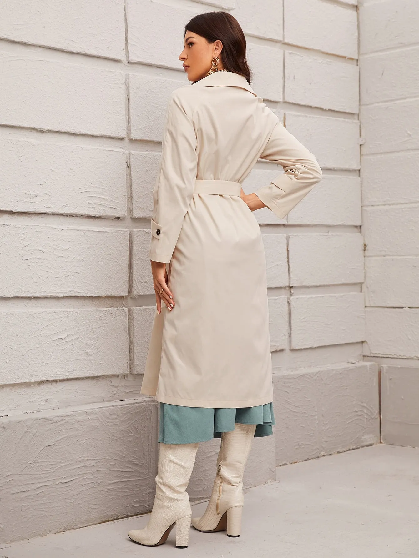 Elegant Plain Belted Long Sleeve Lapel Short Women Trench Coat